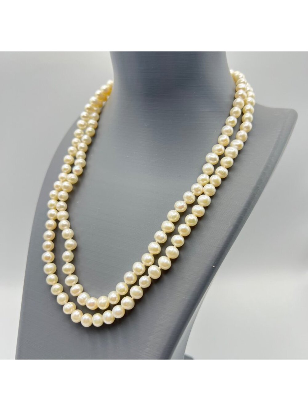 Cultured Freshwater Pearl Necklace 35" Opera Length Knotted 6.6mm Ivory Baroque